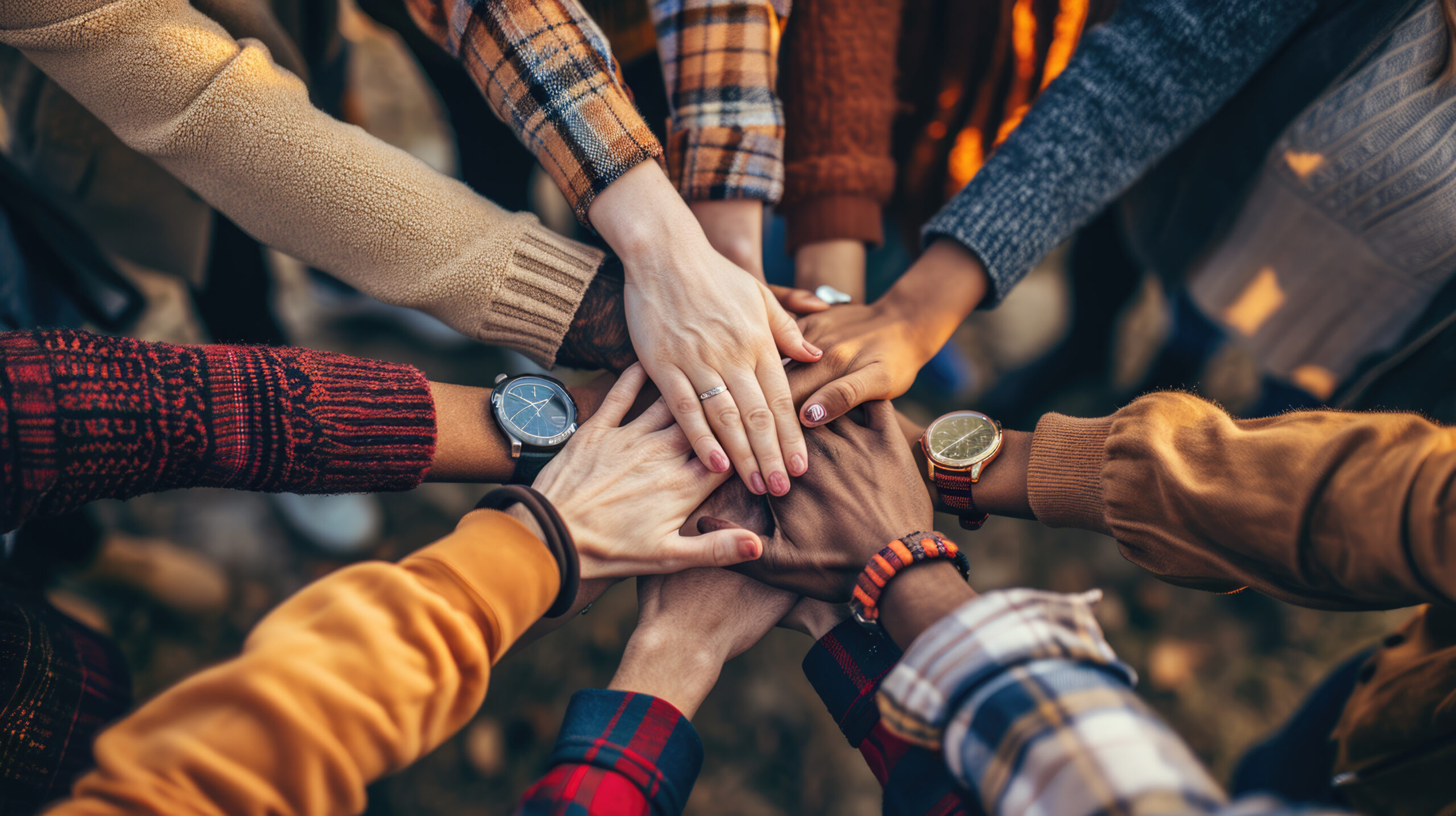 A top-down view of a group of friends stacking their hands together, symbolizing unity, teamwork, and mutual support in a casual setting.