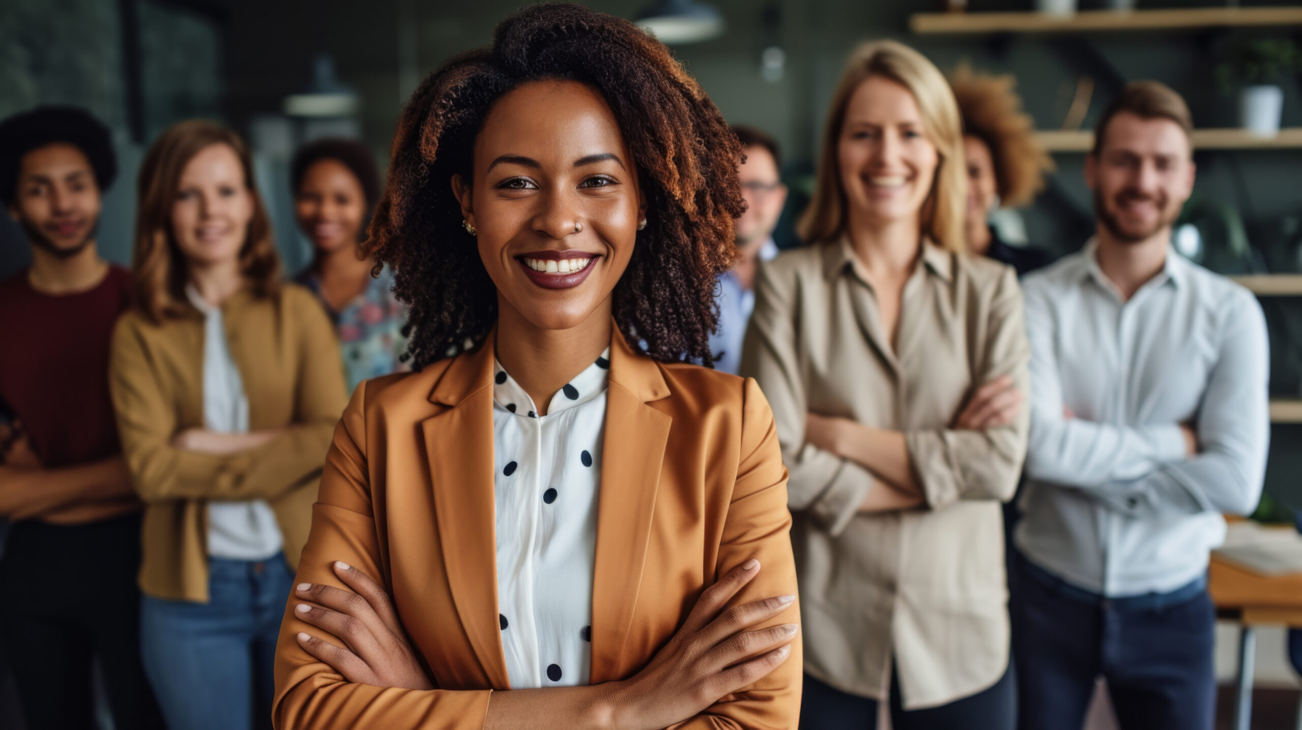 confident woman is standing in the foreground with a group of diverse people blurred in the background